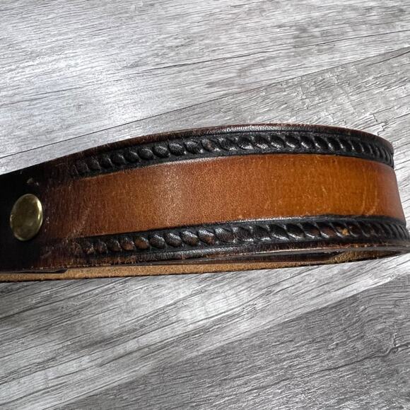 Vintage 80s Leather Brown Black Belt Baron Solid Bass Buckle main image 2
